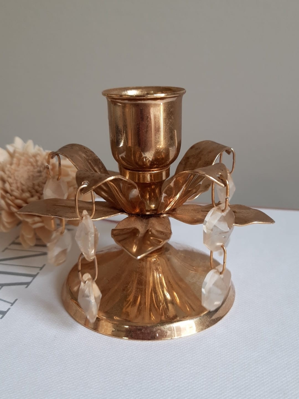 Rare Brass Crystal-Accent Candle Holder